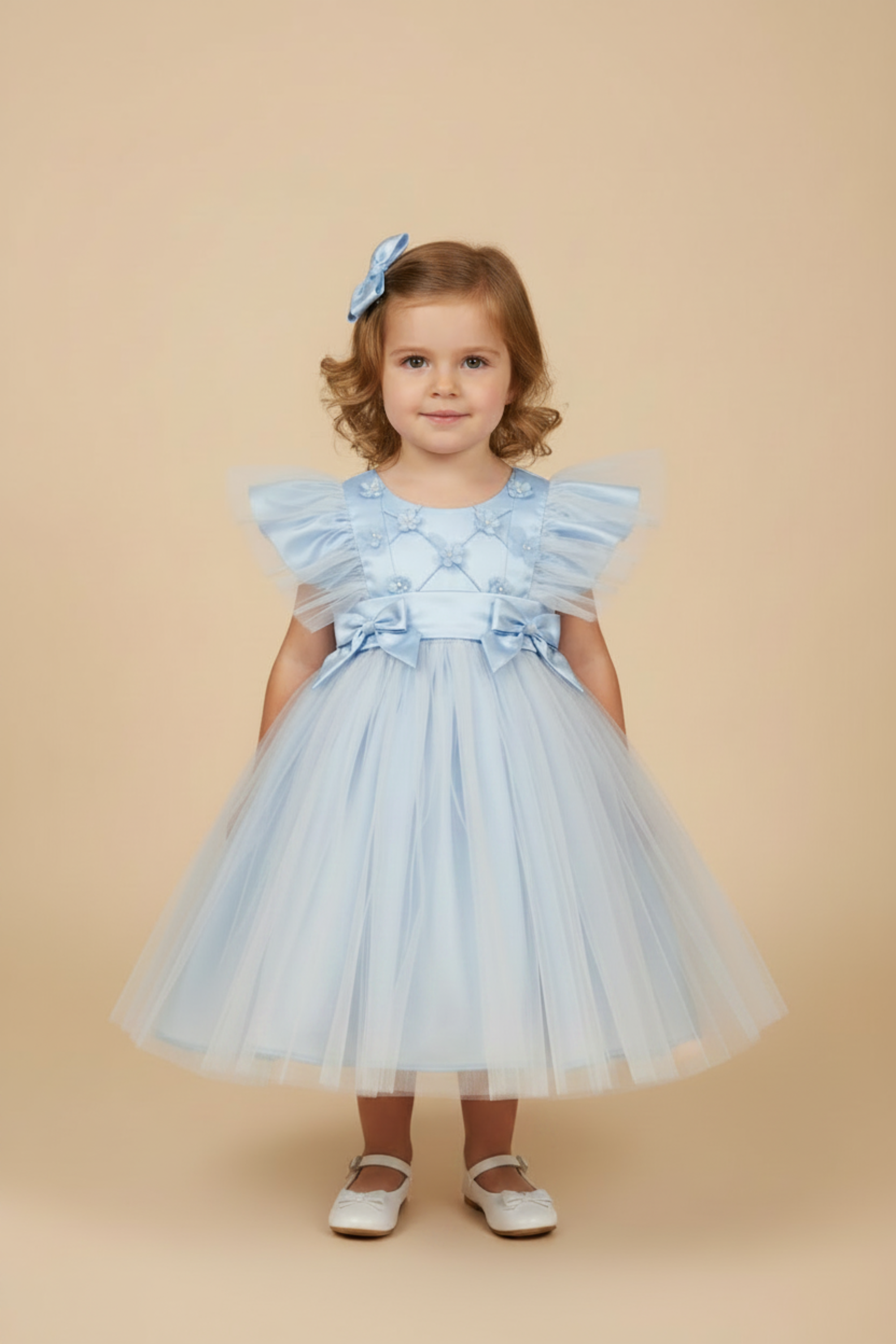Vestido Infantil Rodado para Festa em Tule Azul com Borboletas — foto 1