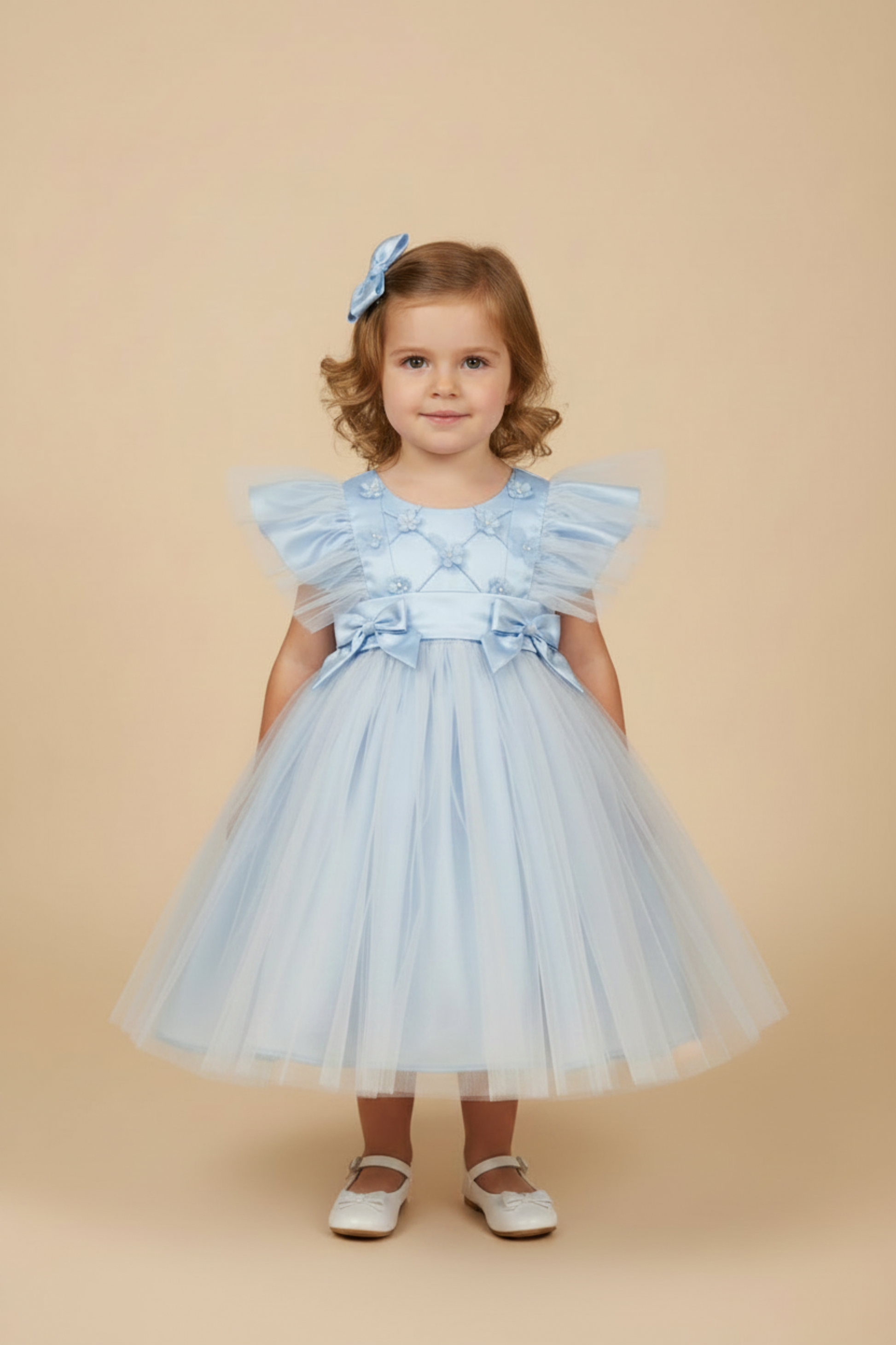 Vestido Infantil Rodado para Festa em Tule Azul com Borboletas — foto 1