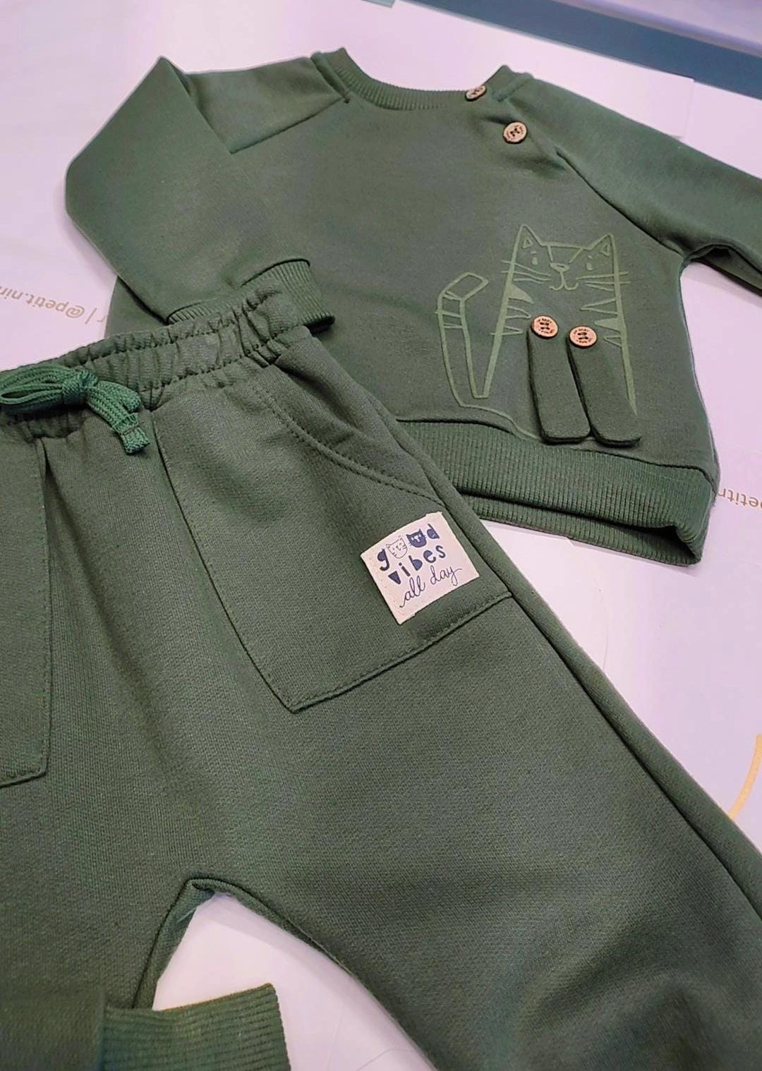 Conjunto de Moletom Infantil Blusão e Calça Verde Estampa Gato para Meninos