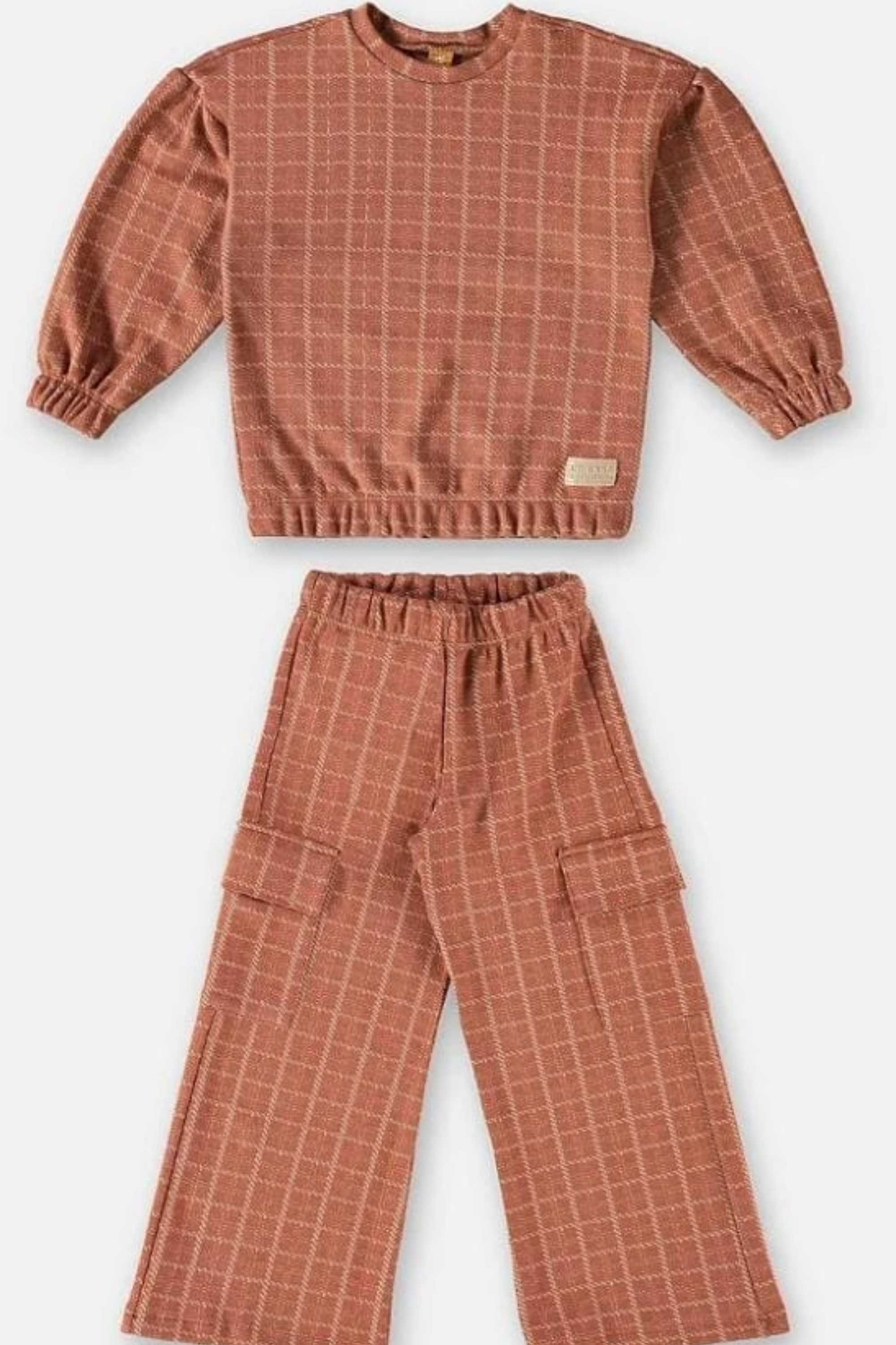 Conjunto Infantil em Malha para Meninas Jacquard Xadrez Marrom — foto 2