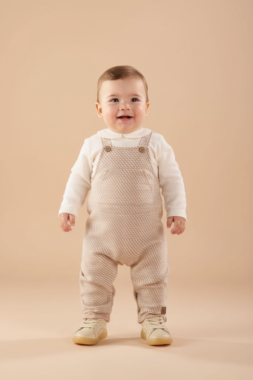 Conjunto Jardineira e Body para Bebê em Malha Jacquard Xadrez