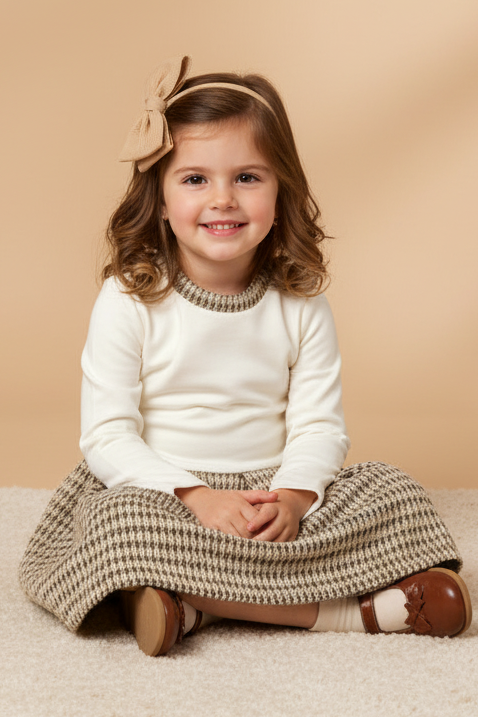 Vestido Infantil Moletom e Tweed Off White