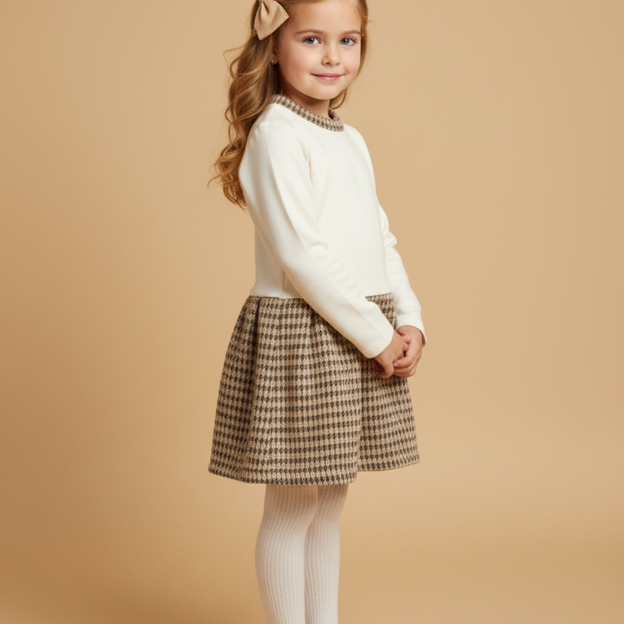 Vestido Infantil Moletom e Tweed Off White
